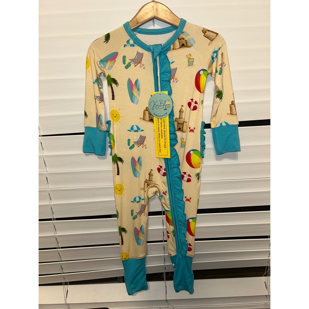 NWT Kai Blue & Co Bamboo Beach Sandcastle Ruffle Zippy Sleeper 6-12 Months